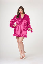 Faux crepe silk robe with marabou trim - STM11507X by Seven Til Midnight